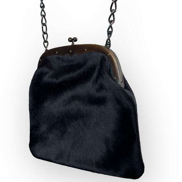 Vintage Black Hair Shoulder Bag w/ Kiss Lock Chain Strap - Picture 10 of 12